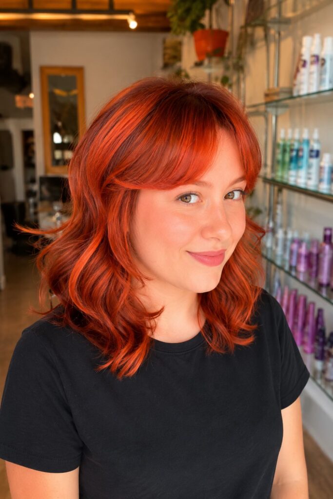Woman with a copper red shag haircut featuring curtain bangs, layered waves, and soft face-framing texture.