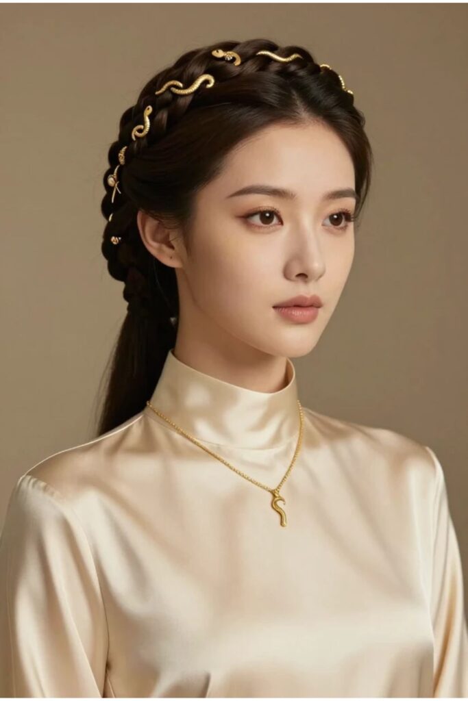 Woman with a crown braid and gold accessories featuring a wrapped braid with serpent pins