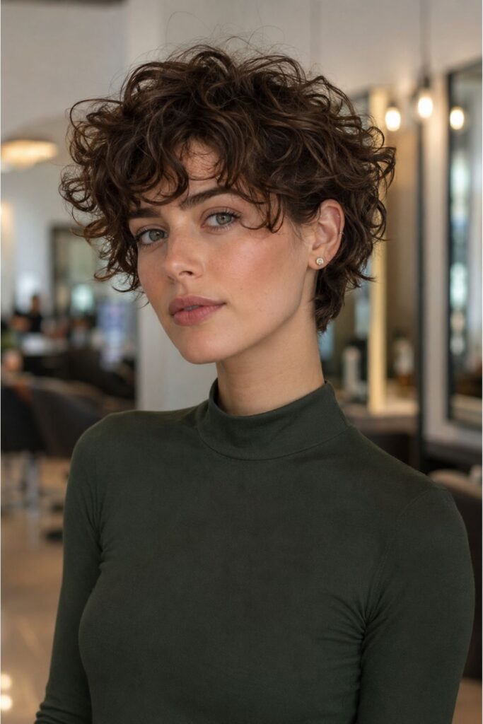 Woman with a curly bixie hairstyle featuring natural curls at an in-between pixie and bob length