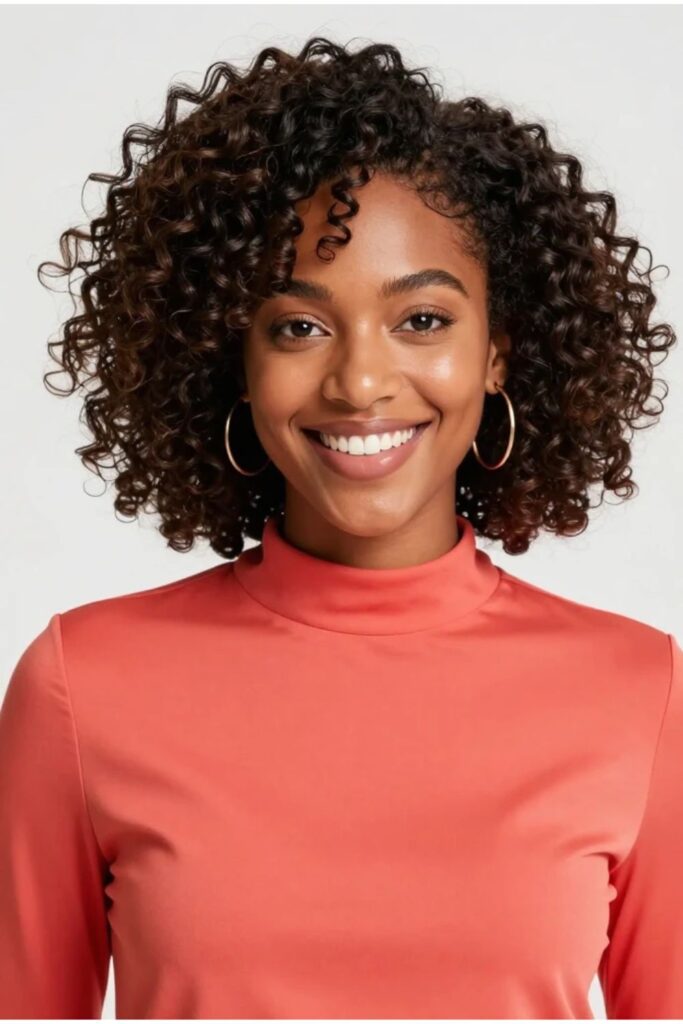 Curly bob hairstyle for Black women with defined bouncy natural curls and full volume