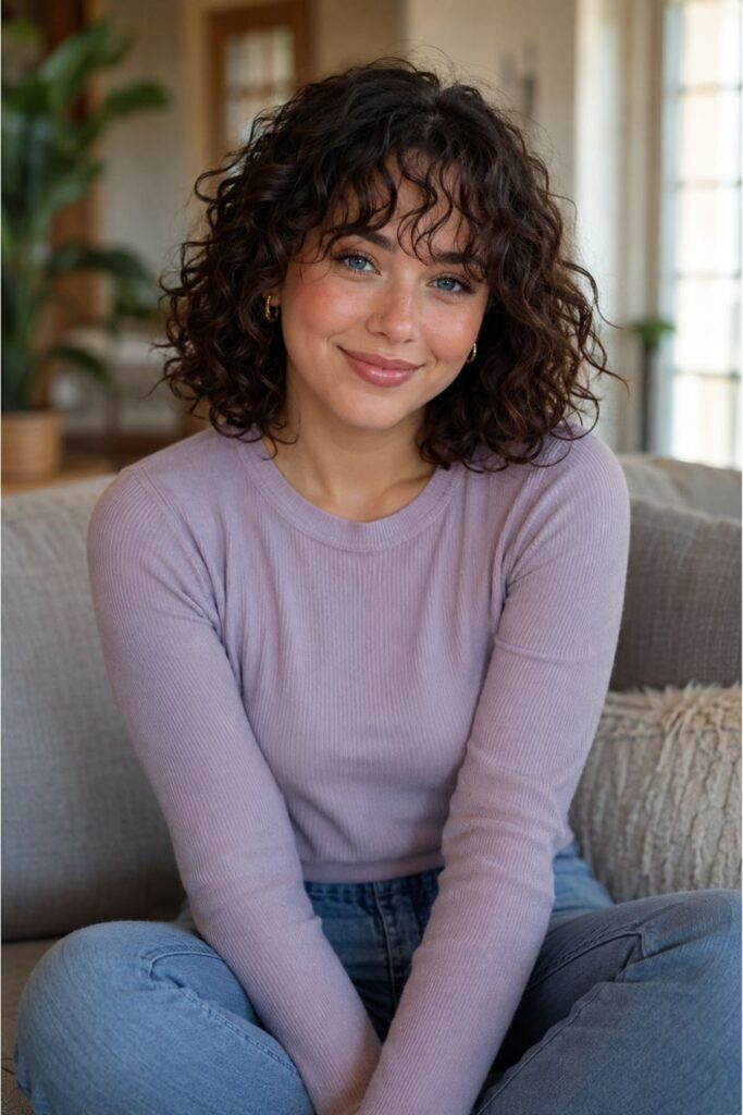 Woman with a curly bob featuring naturally curly curtain bangs parted in the center framing the face