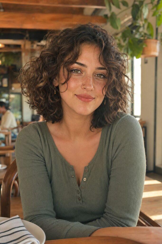 Woman with a curly bob featuring shorter face-framing layers highlighting the cheekbones and eyes