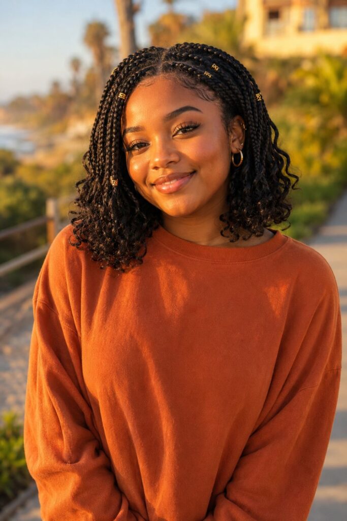 Black woman with curly boho short box braids featuring neat roots transitioning into soft loose curly ends