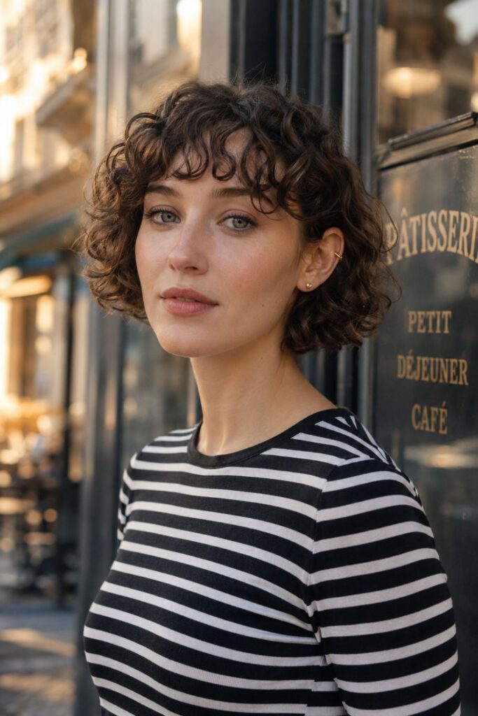 Woman with a curly French bob featuring short defined curls and soft curly bangs in a Parisian style
