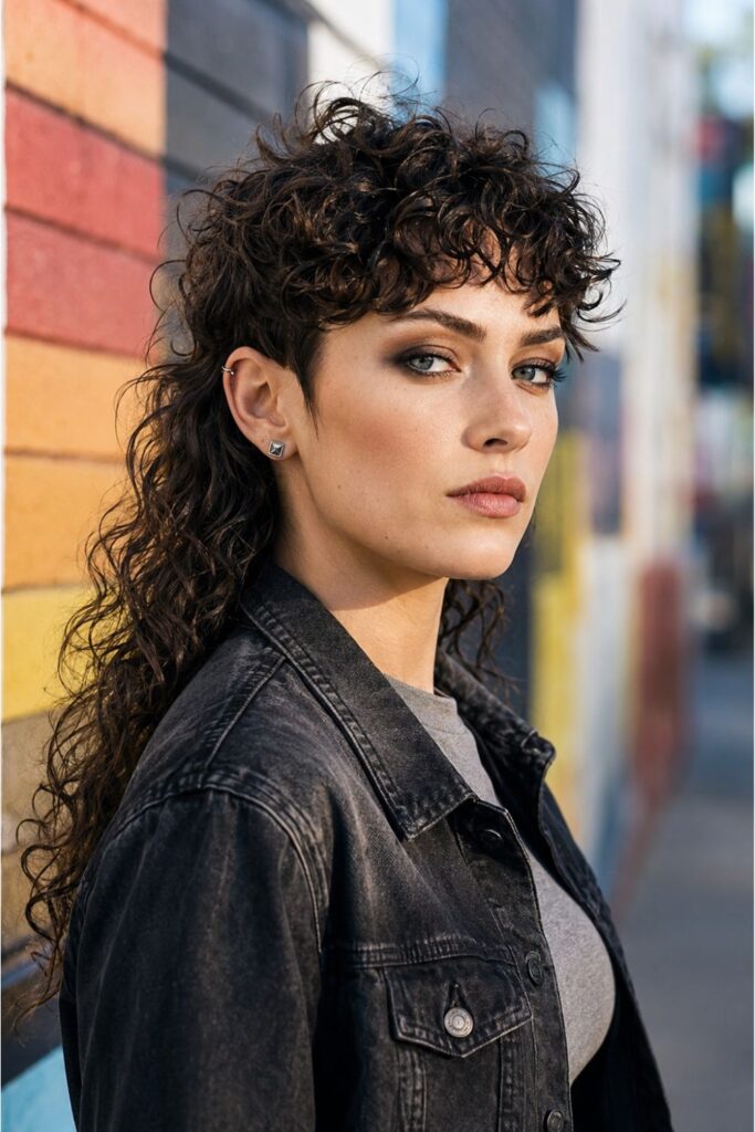 Woman with a curly mullet featuring shorter natural curls on top with noticeably longer curly length at the back