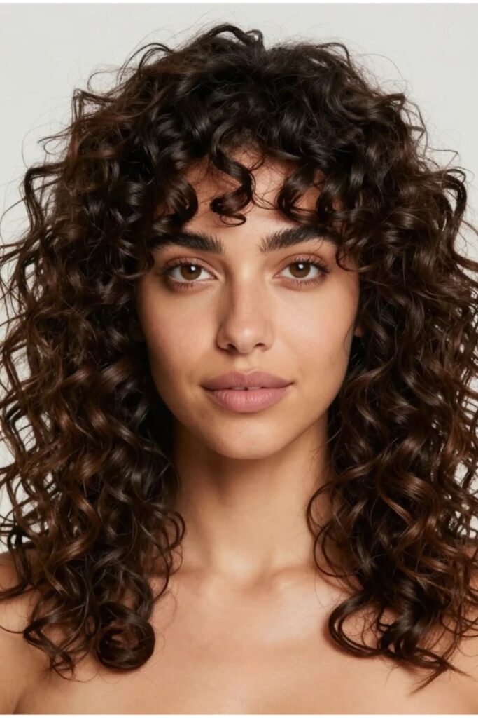 Woman with a curly octopus haircut featuring defined bouncy curls and layered crown volume