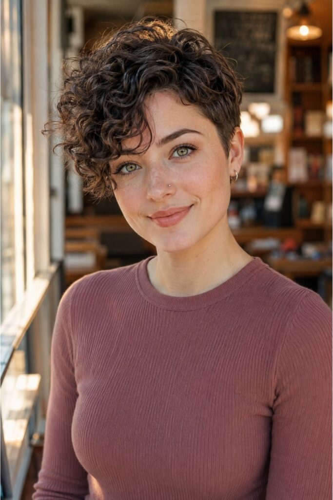 Woman with a curly pixie featuring a longer curly fringe falling naturally forward against neatly trimmed sides