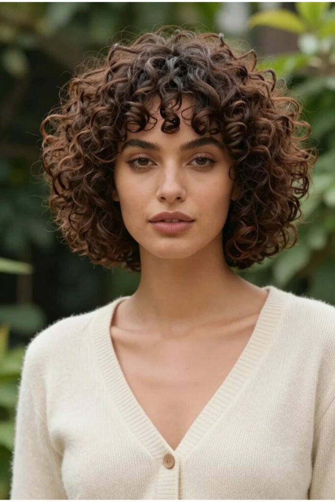 Curly shag haircut with layered curls and soft fringe
