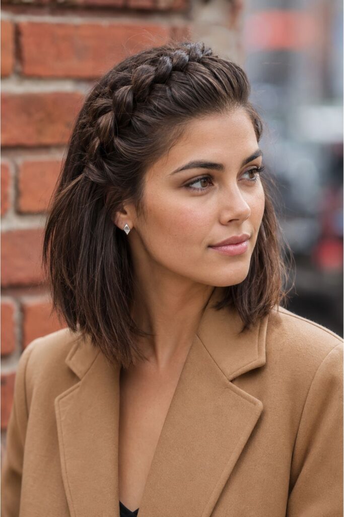 Woman with a Dutch braided bob featuring a raised top braid and a textured layered finish