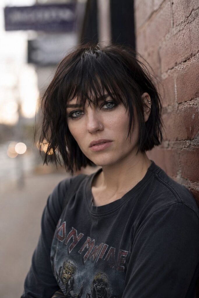 Woman with an edgy choppy bob featuring messy shaggy bangs and textured piece-y layers