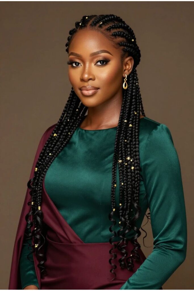 Woman with elegant Fulani braids featuring polished edges and soft curled ends for special events