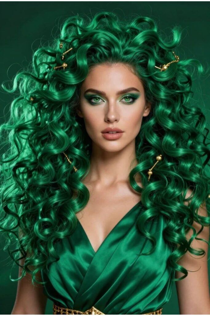 Woman with emerald curly Medusa hair featuring vibrant green curls and gold jewelry accents