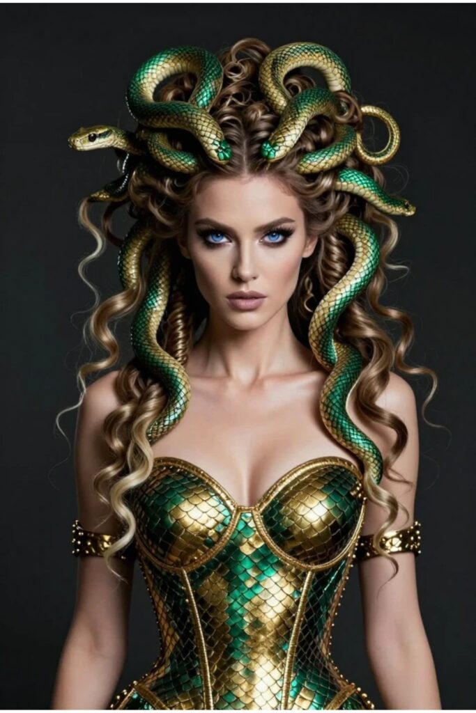 Woman with faux snake extensions blended naturally into curls and braids for a dramatic Medusa look