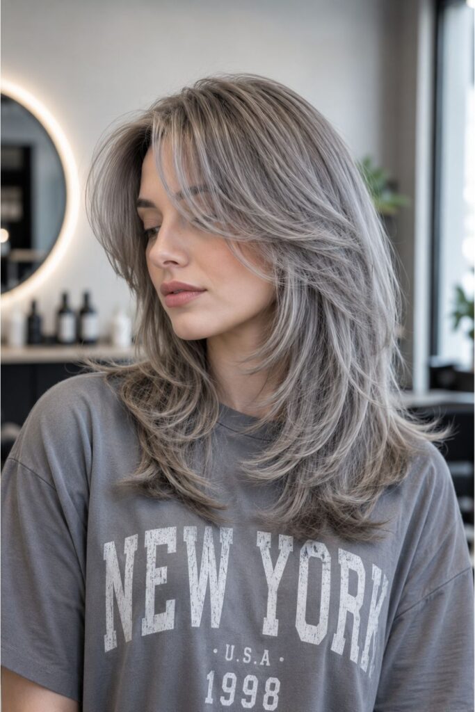 Woman with a feathered kitty cut featuring soft gray layered hair, face-framing volume, and airy flipped ends.