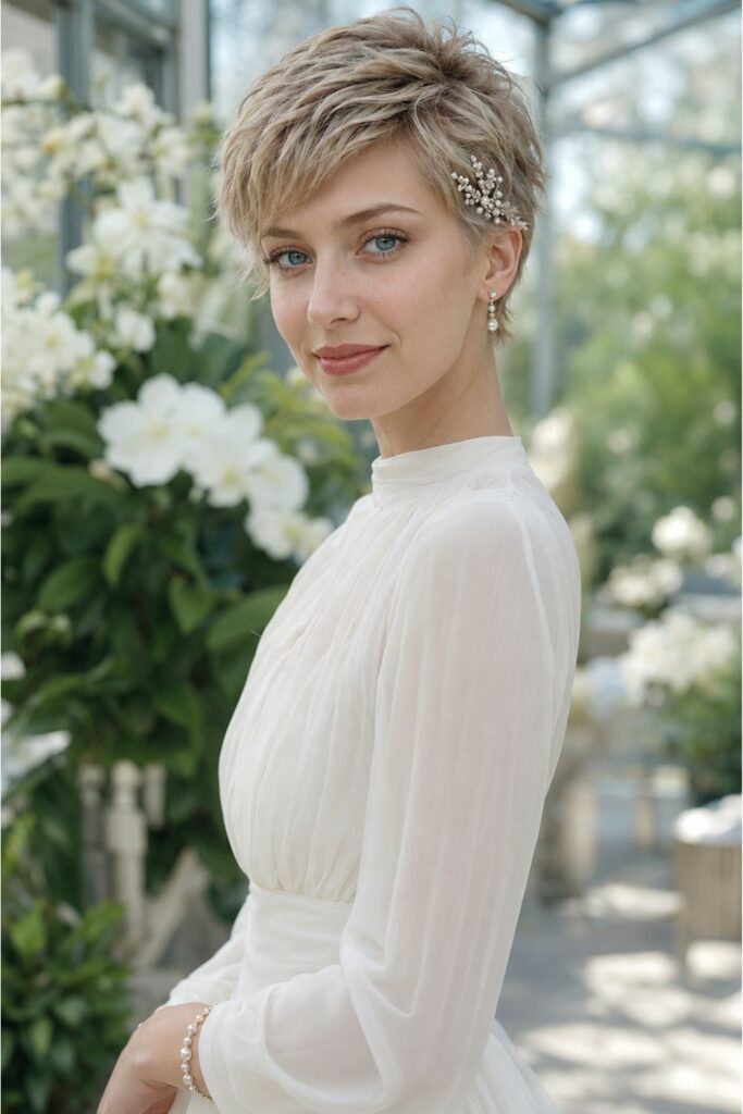 Bride with a feathered pixie cut featuring soft airy layers and a delicate crystal pearl bridal pin