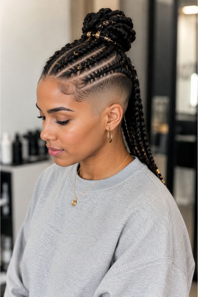 Woman with a braided undercut hairstyle featuring cornrow braids, shaved sides, and a braided top bun