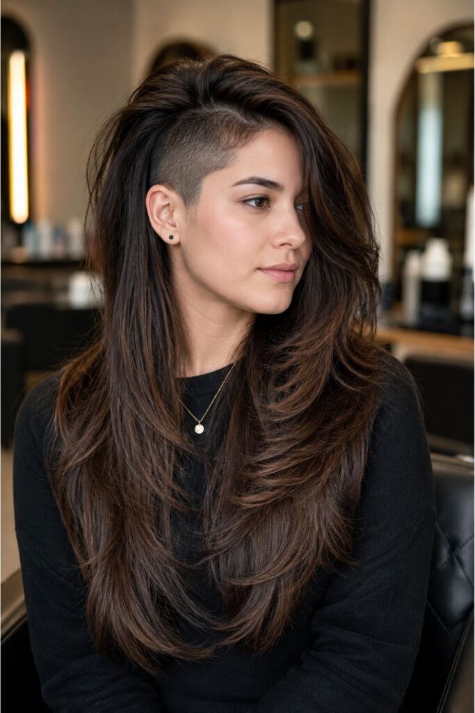 Woman with a feminine undercut hairstyle featuring long layered brunette hair and a subtle side shave