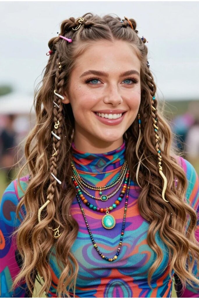 Woman with festival inspired Medusa hair featuring glitter, loose braids, and gold snake charms