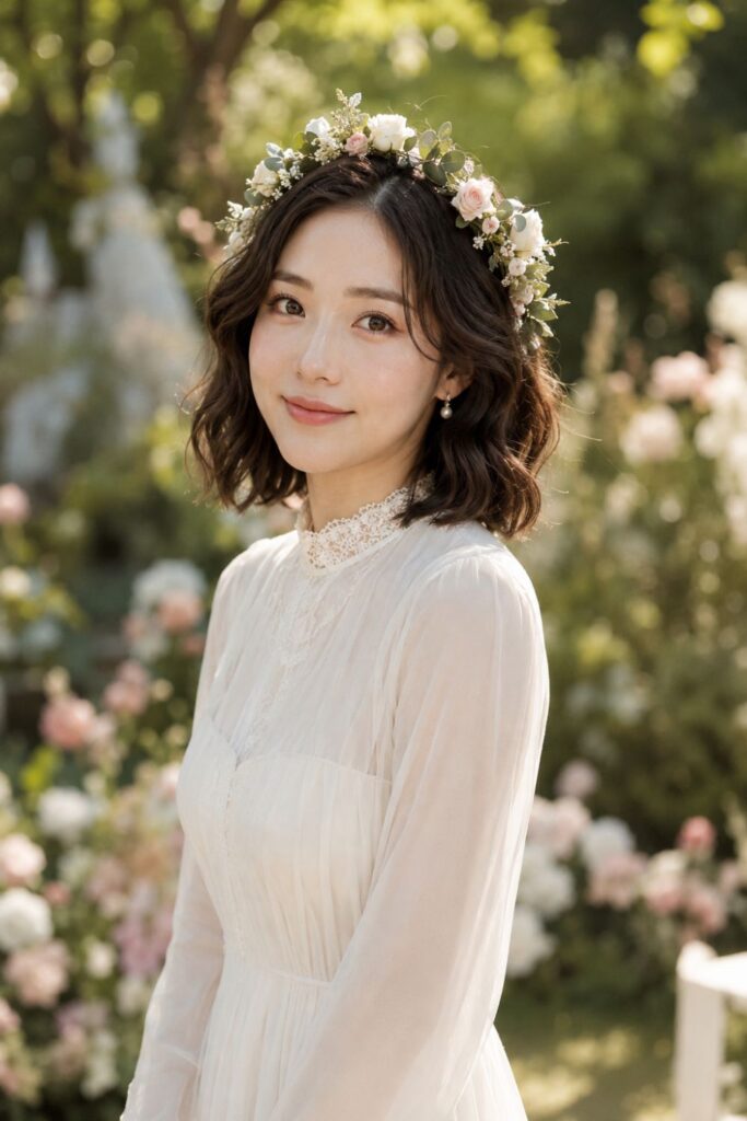Bride with a floral crown and short waves featuring soft white and blush flowers over loose wave