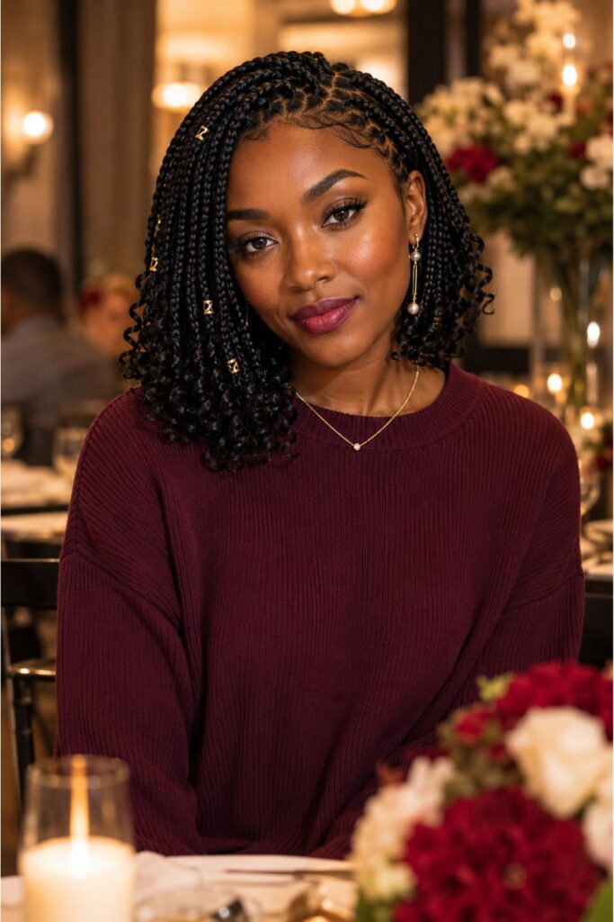 Black woman with French curl short box braids featuring neat braided roots and tight defined spiral French curl ends