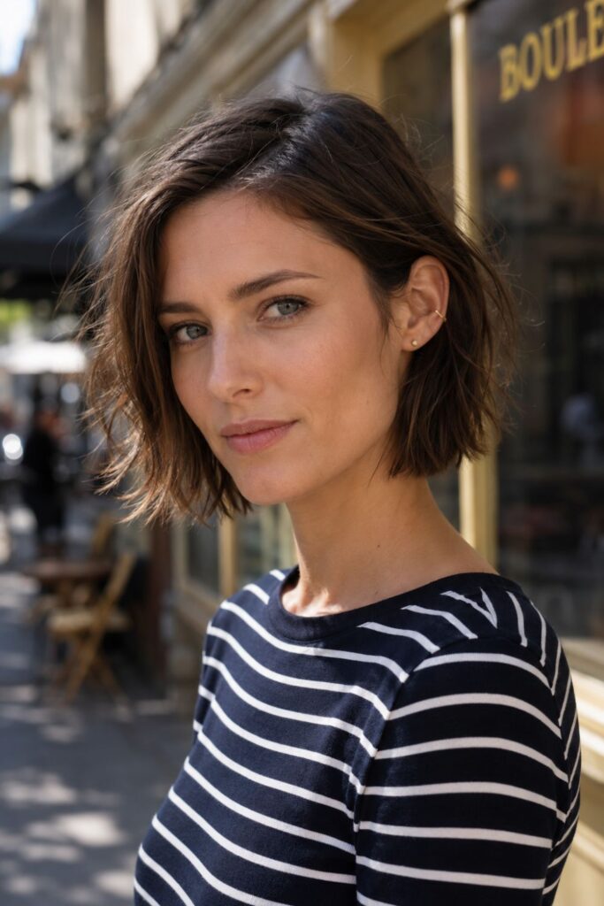 Woman with a French inspired choppy bob featuring effortless natural texture and an undone finish