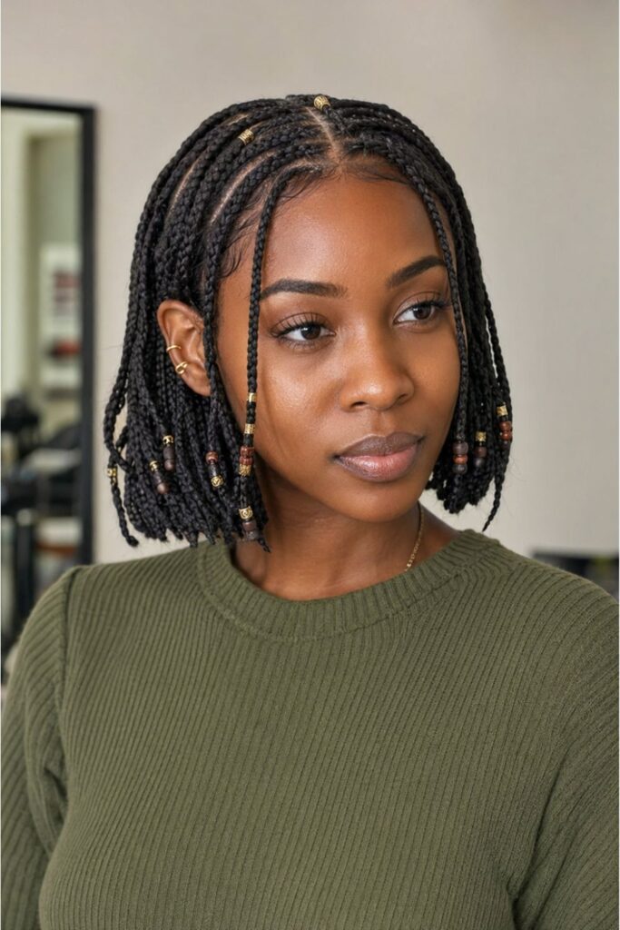 Woman with a Fulani braided bob featuring face-framing braids, a center part, and gold beads