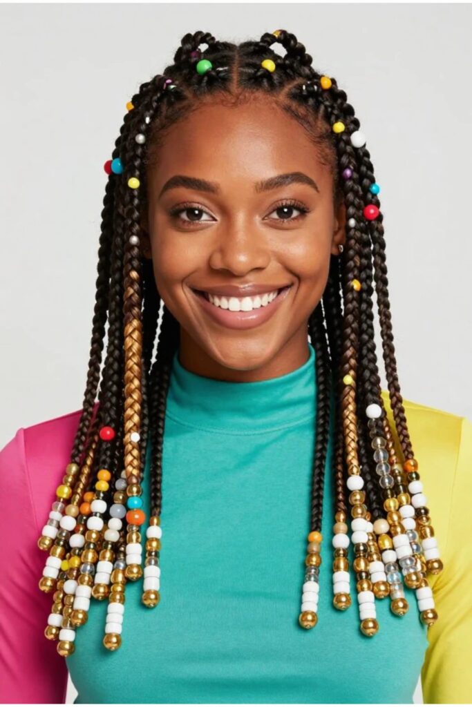 Woman with Fulani braids featuring an assortment of colorful beads threaded throughout