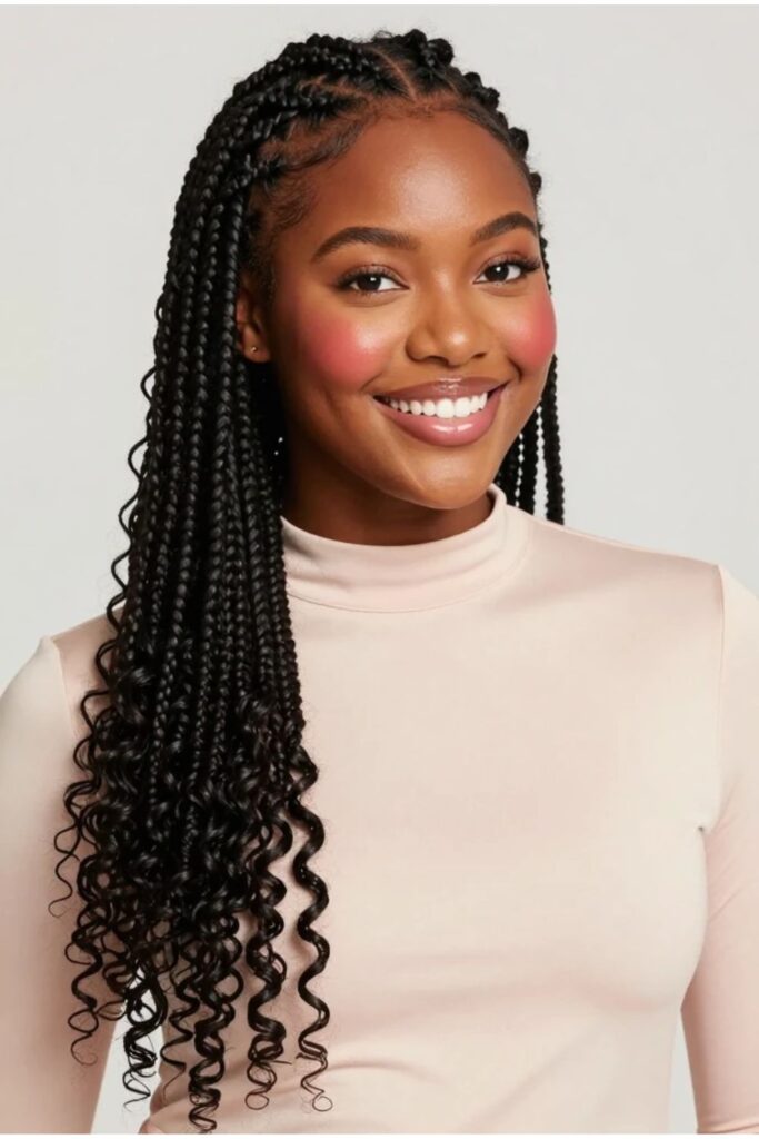 Woman with Fulani braids featuring sleek roots transitioning into soft bouncy curly ends