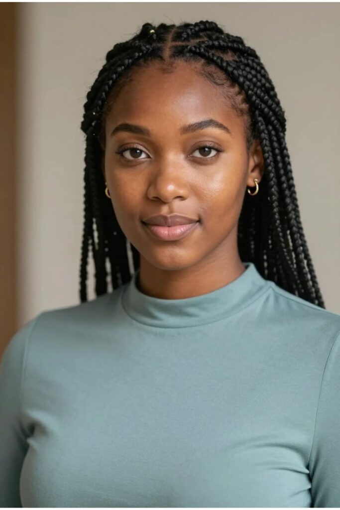 Woman with Fulani braids featuring loose face-framing strands softening the look
