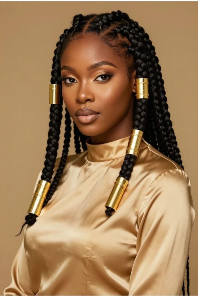 Woman with Fulani braids featuring decorative gold hair cuffs reflecting light along the braids