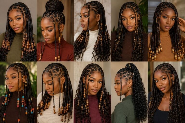 Collage of various Fulani braids hairstyles showcasing different beads, cuffs, and braid patterns for women
