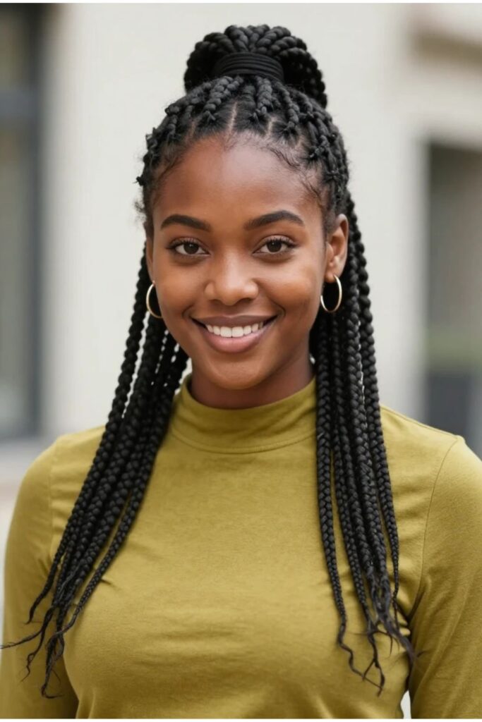 Woman with Fulani braids styled in a half-up ponytail with braids flowing past the shoulder