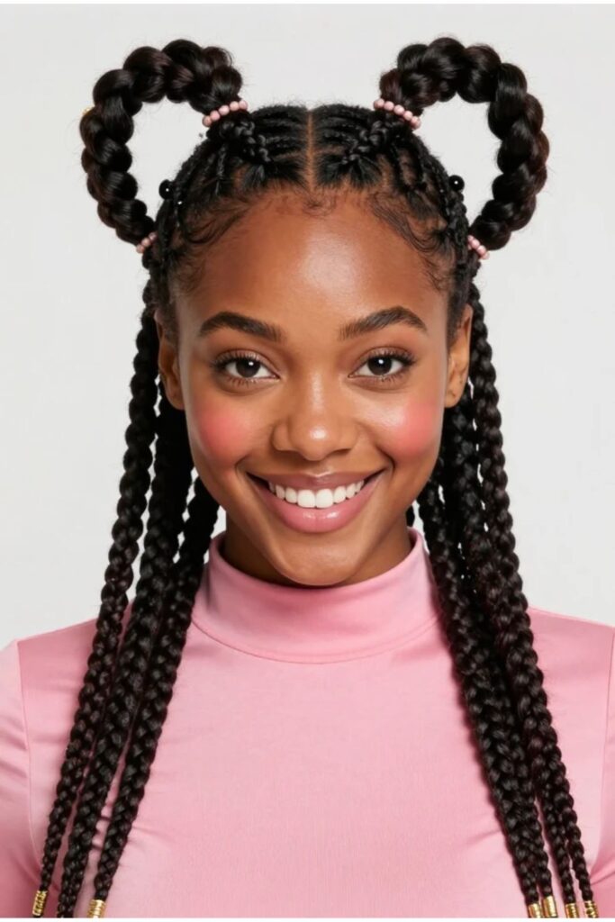 Woman with Fulani braids featuring a playful heart-shaped parting design at the crown