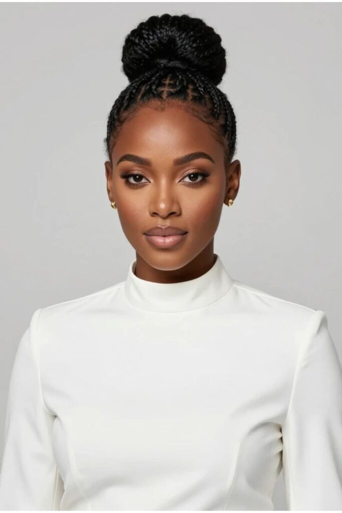 Woman with Fulani braids styled into a high bun highlighting the detailed scalp pattern