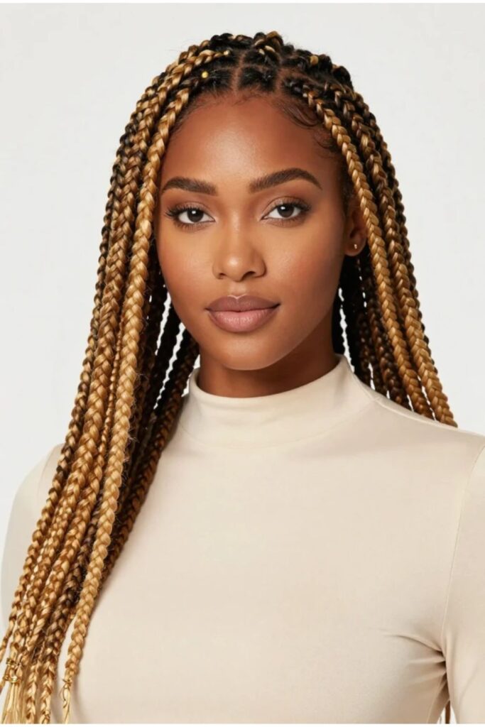Woman with Fulani braids featuring warm honey blonde highlights against a dark natural base