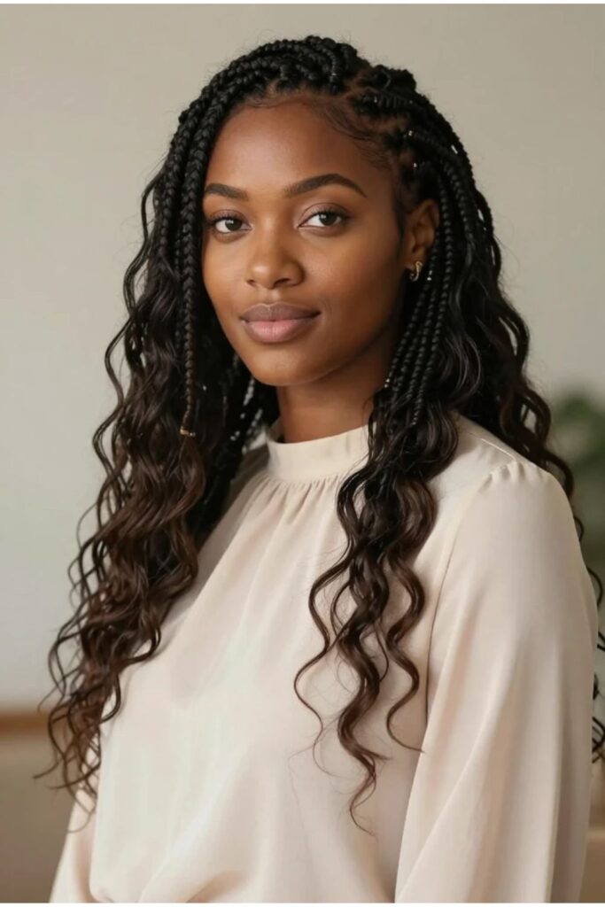 Woman with Fulani braids featuring soft loose waves at the ends for natural movement