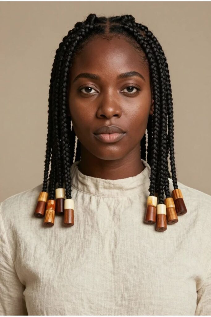 Woman with Fulani braids featuring natural wooden beads in warm brown and amber tones