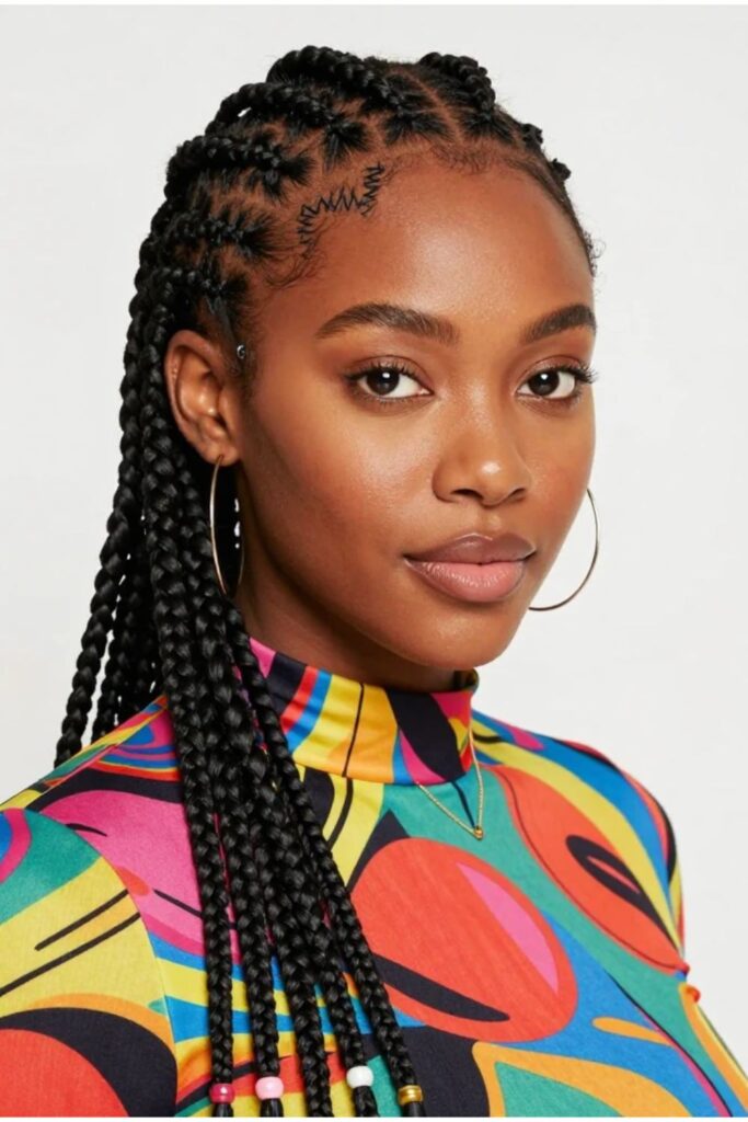 Woman with Fulani braids featuring a creative zigzag parting pattern across the scalp
