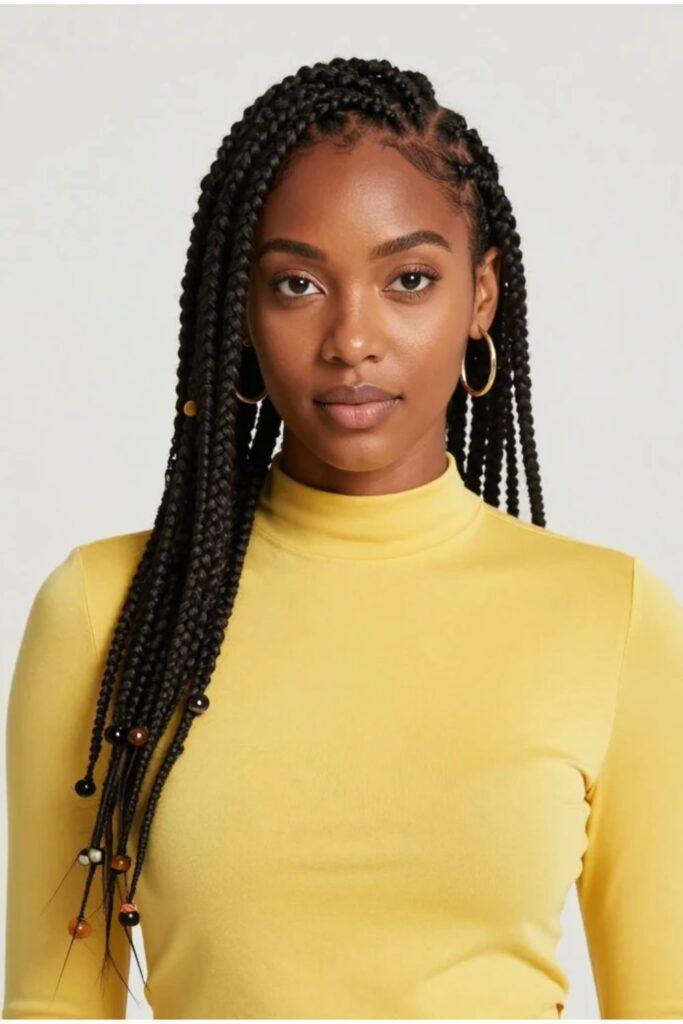 Woman with Fulani lemonade braids featuring braids swept diagonally to one side