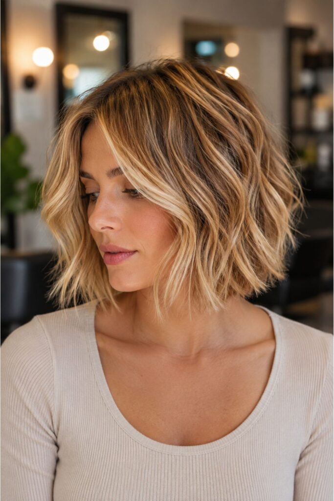 Golden choppy bob hairstyle with defined waves and dimensional blonde highlights