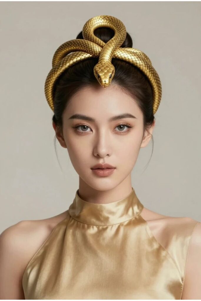 Woman with a golden snake headpiece updo featuring a sleek bun and detailed serpent crown