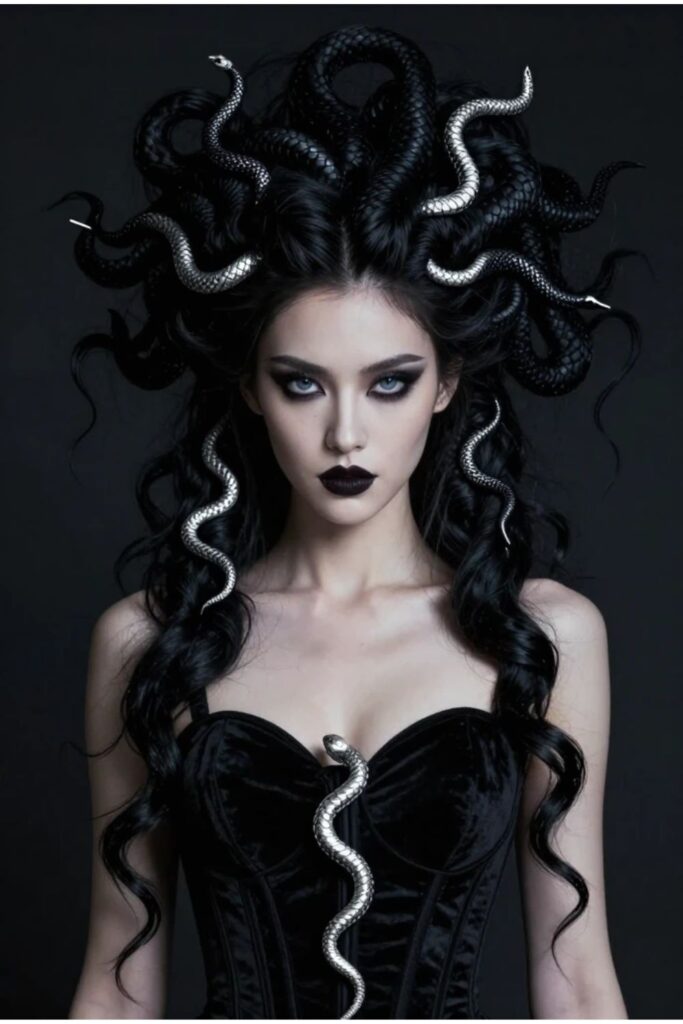 Woman with gothic black Medusa hair featuring dramatic dark volume and silver serpent accessories