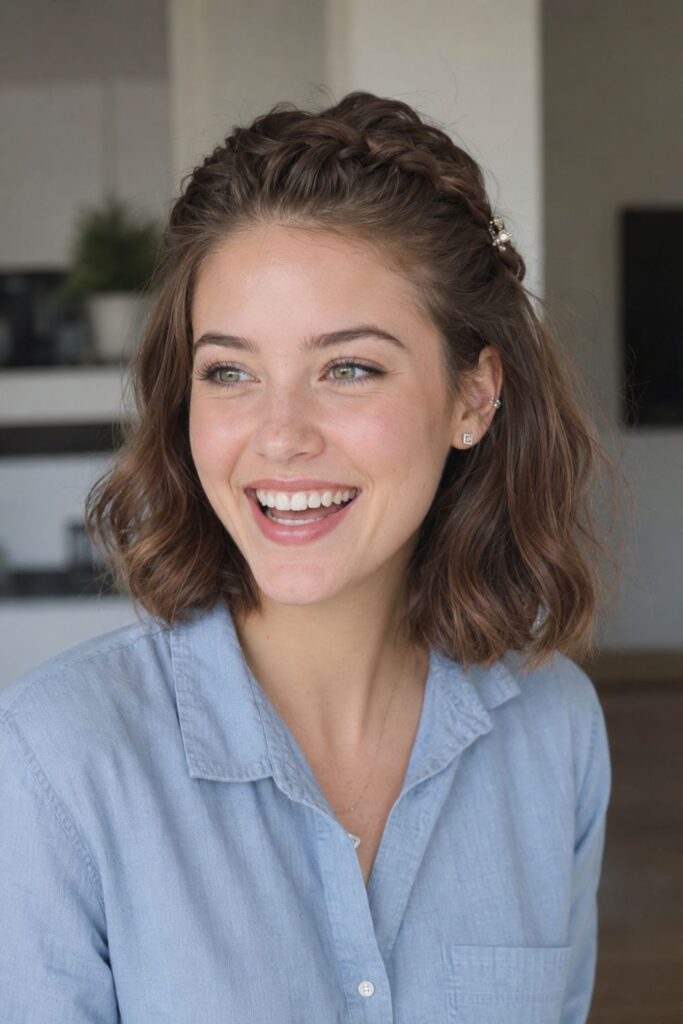 Woman with a half-up braided bob featuring a pinned top braid and loose soft waves