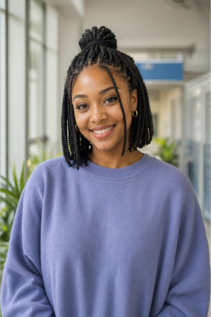 Black woman with half-up half-down short box braids featuring a small crown bun with loose braids falling below