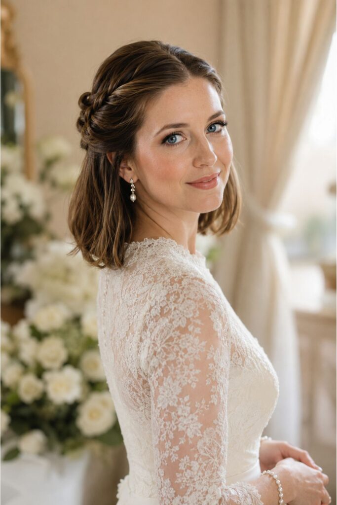 Bride with a half-up twisted bob featuring gently twisted front sections pinned back with pearl pins