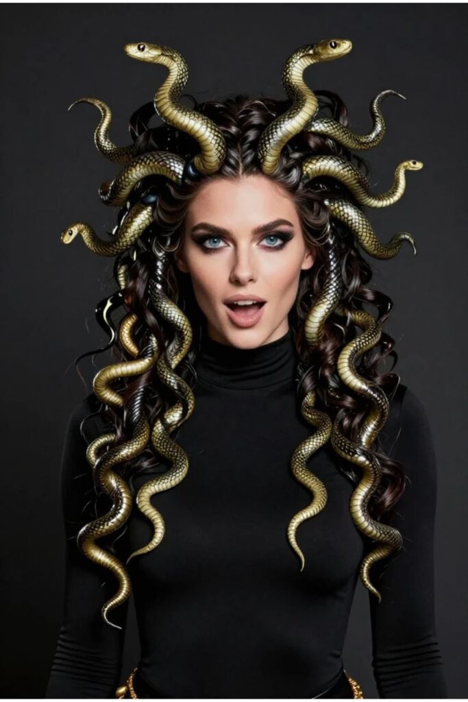 Woman with a Halloween Medusa wig featuring pre-styled curls, braids, and faux snake details