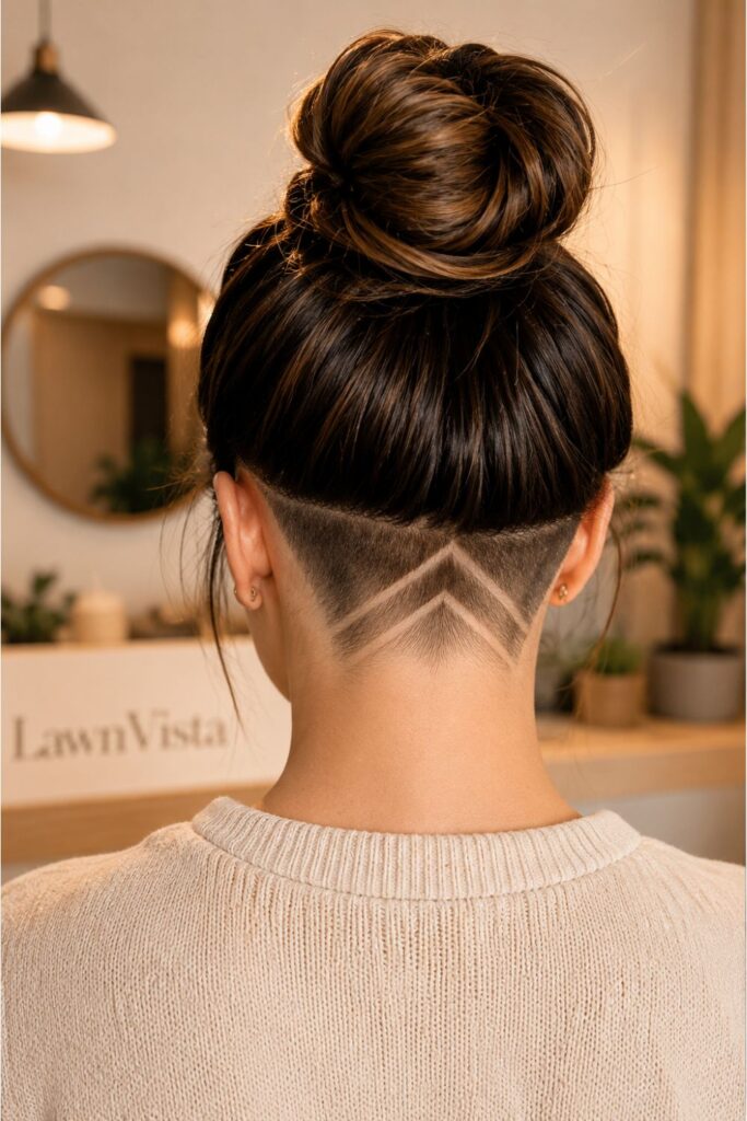 Woman with a hidden nape undercut hairstyle featuring a geometric chevron design revealed beneath a high bun