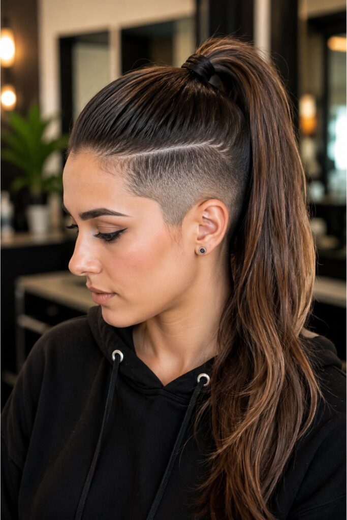 Woman with a high ponytail undercut hairstyle featuring a sleek ponytail and closely shaved side undercut