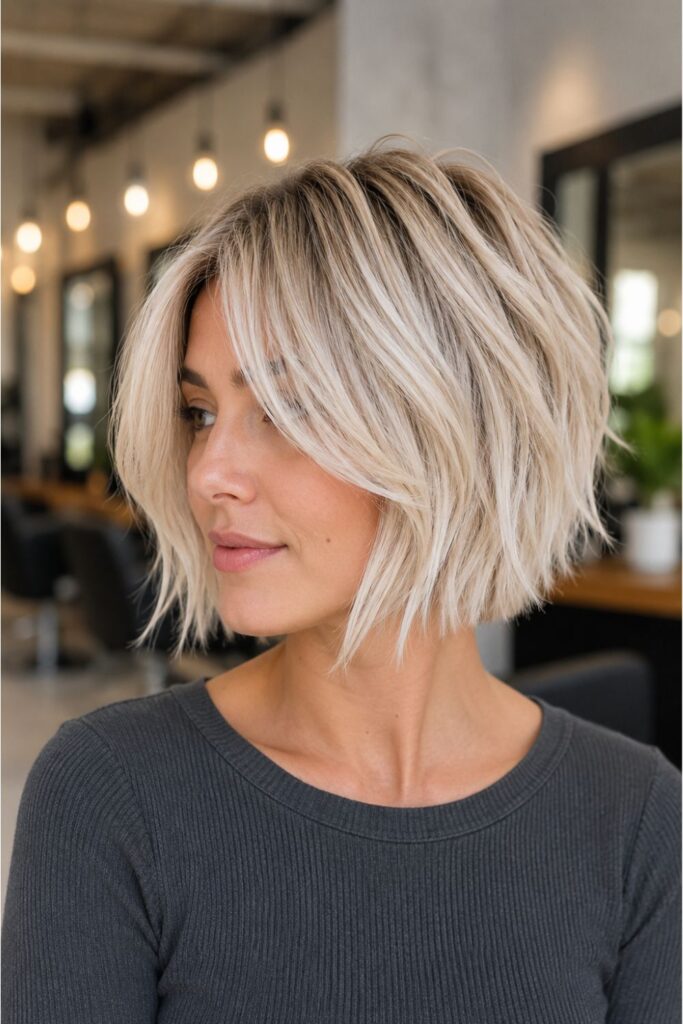 Icy blonde choppy bob hairstyle with soft curtain bangs and textured layers