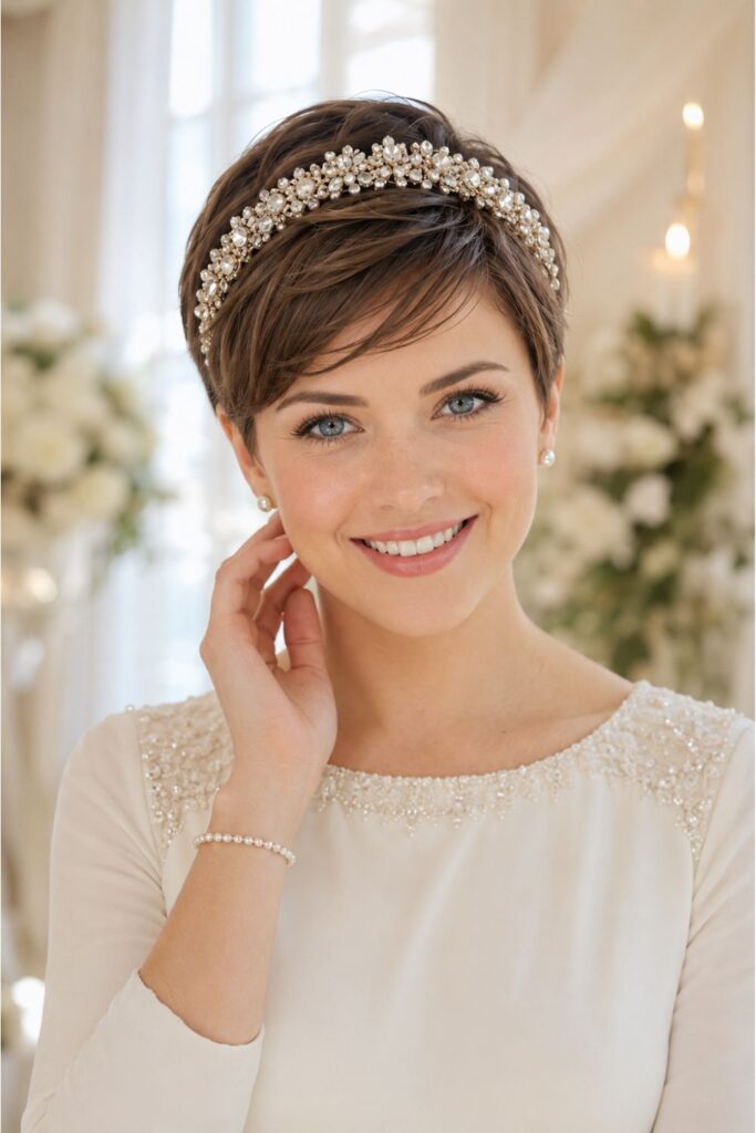 Bride with a jeweled headband pixie featuring a sparkling crystal and pearl headband over a neat pixie cut